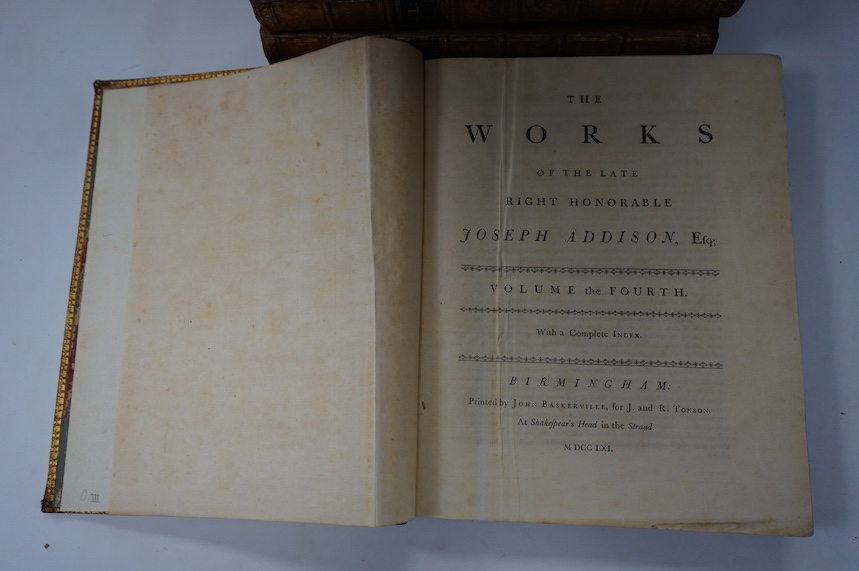 Baskerville Press. The Works of the Late Right Honorable Joseph Addison, 4 volumes, Birmingham: Printed by John Baskerville, for J. and R. Tonson, 1761, engraved portrait frontispiece to volume 1 and several engraved pla